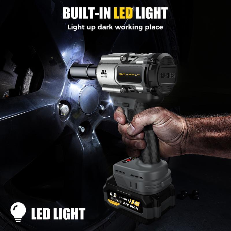 Llave de impacto inalámbrica de 1200 Nm (900 ft-lbs), ideal para automóviles y camiones, incluye 2 baterías de 4.0 Ah, cargador rápido, 3000 RPM, 5 vasos y 1 barra de extensión. Herramienta eléctrica de alto par compatible.