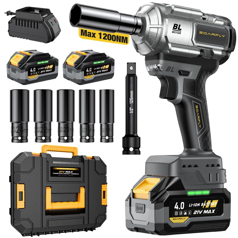 Llave de impacto inalámbrica de 1200 Nm (900 ft-lbs), ideal para automóviles y camiones, incluye 2 baterías de 4.0 Ah, cargador rápido, 3000 RPM, 5 vasos y 1 barra de extensión. Herramienta eléctrica de alto par compatible.
