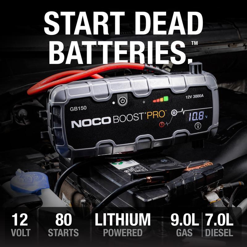 Arrancador de batería portátil NOCO Boost Pro GB150 de 3000 A con tecnología UltraSafe para motores de gasolina de hasta 9.0 L y diésel de hasta 7.0 L.