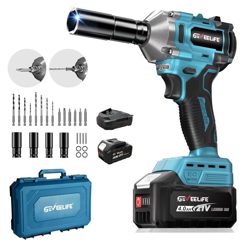 GEVEELIFE Llave de Impacto Inalámbrica 1/2" de Alto Torque 1200 N.m (900 Ft-lbs), Motor Sin Escobillas, Kit con 2 Baterías 4.0Ah, Cargador Rápido y 6 Dados, Herramienta Eléctrica para Camiones, RV y Autos