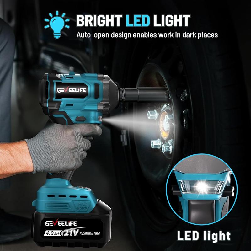 GEVEELIFE Llave de Impacto Inalámbrica 1/2" de Alto Torque 1200 N.m (900 Ft-lbs), Motor Sin Escobillas, Kit con 2 Baterías 4.0Ah, Cargador Rápido y 6 Dados, Herramienta Eléctrica para Camiones, RV y Autos