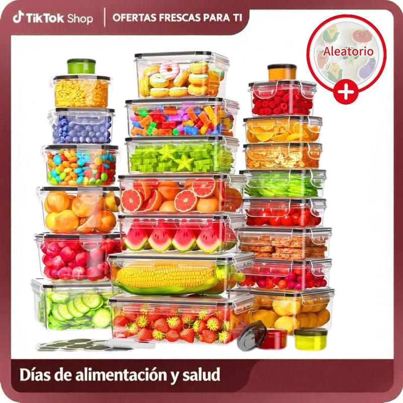 Set de 50 Recipientes de Almacenamiento de Alimentos – 25 Recipientes + 25 Tapas, Incluye Paño de Limpieza, Plástico Hermético Sin BPA, Aptos para Microondas y Lavavajillas, Con Etiquetas y Bolígrafo para Organización de Cocina y Despensa