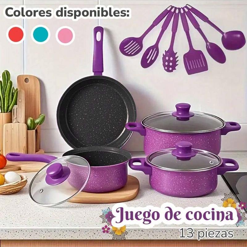 Juego de Cocina de 12 Piezas – Ollas y Sartenes Pequeñas de Acero Inoxidable con Tapas de Vidrio, Utensilios Incluidos, Color Enviado al Azar
