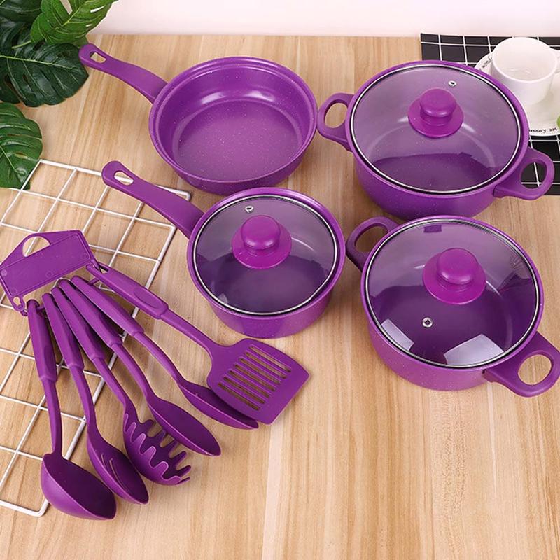 Juego de Cocina de 12 Piezas – Ollas y Sartenes Pequeñas de Acero Inoxidable con Tapas de Vidrio, Utensilios Incluidos, Color Enviado al Azar