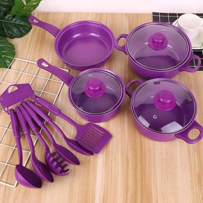 Juego de Cocina de 12 Piezas – Ollas y Sartenes Pequeñas de Acero Inoxidable con Tapas de Vidrio, Utensilios Incluidos, Color Enviado al Azar