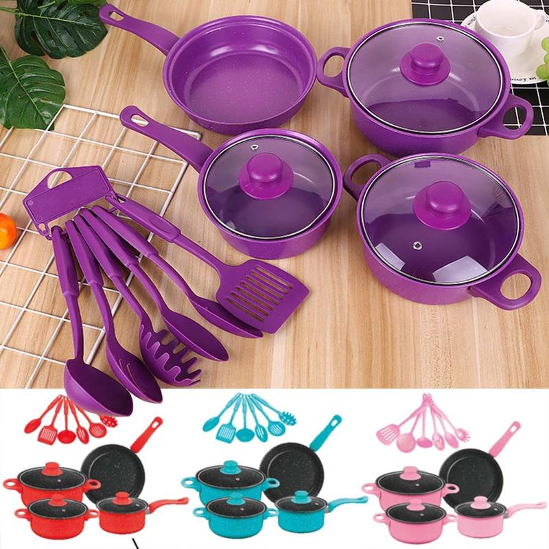 Juego de Cocina de 12 Piezas – Ollas y Sartenes Pequeñas de Acero Inoxidable con Tapas de Vidrio, Utensilios Incluidos, Color Enviado al Azar