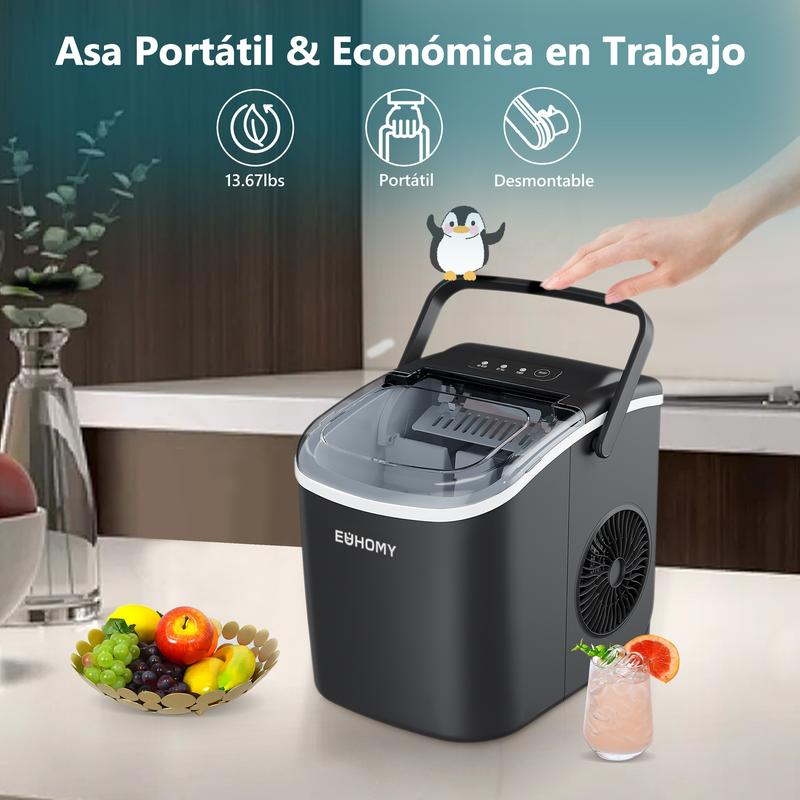 EUHOMY Máquina de Hielo de Encimera con Mango – Produce 11,79 kg en 24h, 9 Cubos en 6 Minutos, Función de Autolimpieza, Portátil, Incluye Canasta y Cucharón, Ideal para Hogar, Cocina, Camping y RV