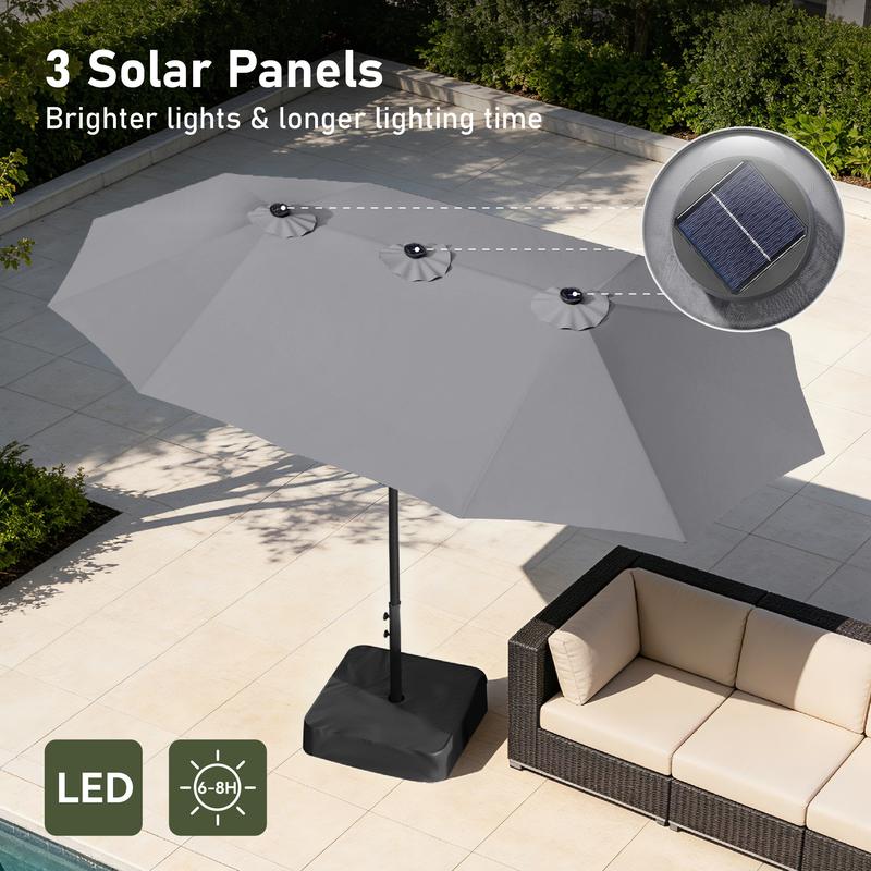 Sombrilla Doble para Patio PHI VILLA de 4.6 m (15 ft) – Extra Grande con 3 Paneles Solares y Luces LED, Incluye Base Metálica, Protección UV, Estructura de Acero y Sistema de Manivela