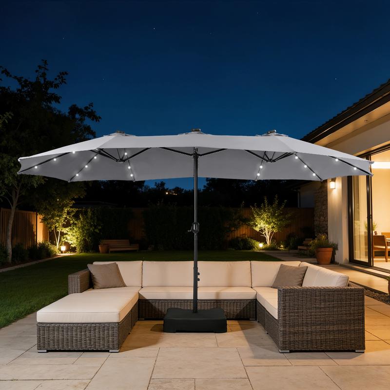 Sombrilla Doble para Patio PHI VILLA de 4.6 m (15 ft) – Extra Grande con 3 Paneles Solares y Luces LED, Incluye Base Metálica, Protección UV, Estructura de Acero y Sistema de Manivela