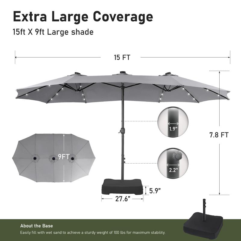 Sombrilla Doble para Patio PHI VILLA de 4.6 m (15 ft) – Extra Grande con 3 Paneles Solares y Luces LED, Incluye Base Metálica, Protección UV, Estructura de Acero y Sistema de Manivela