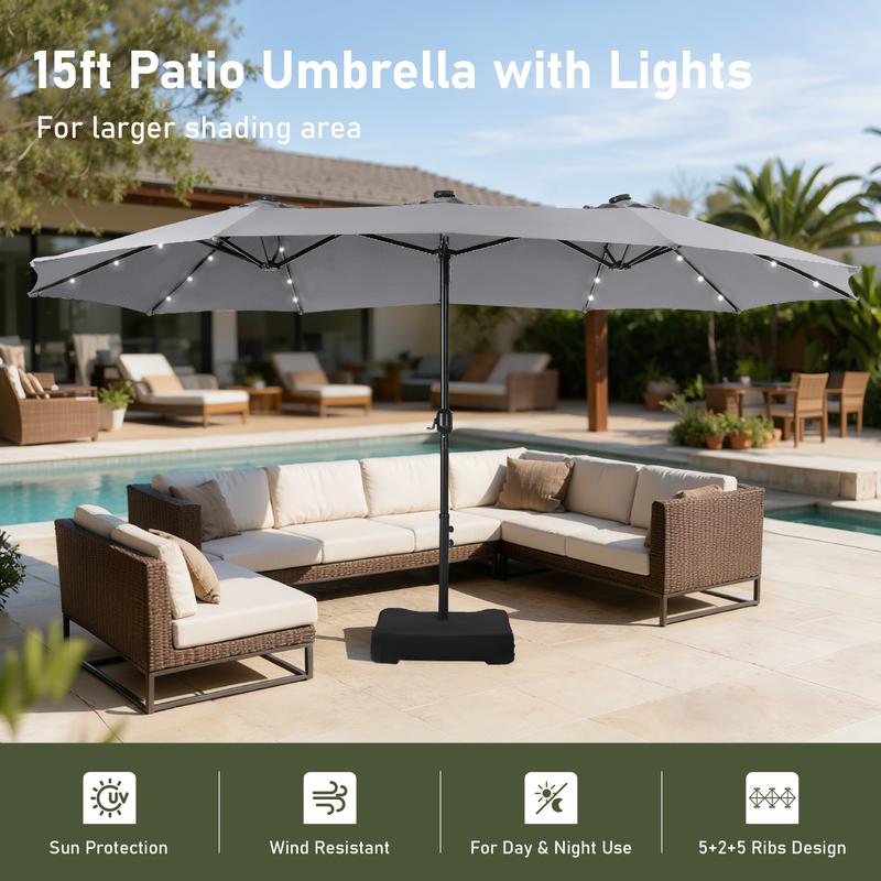 Sombrilla Doble para Patio PHI VILLA de 4.6 m (15 ft) – Extra Grande con 3 Paneles Solares y Luces LED, Incluye Base Metálica, Protección UV, Estructura de Acero y Sistema de Manivela