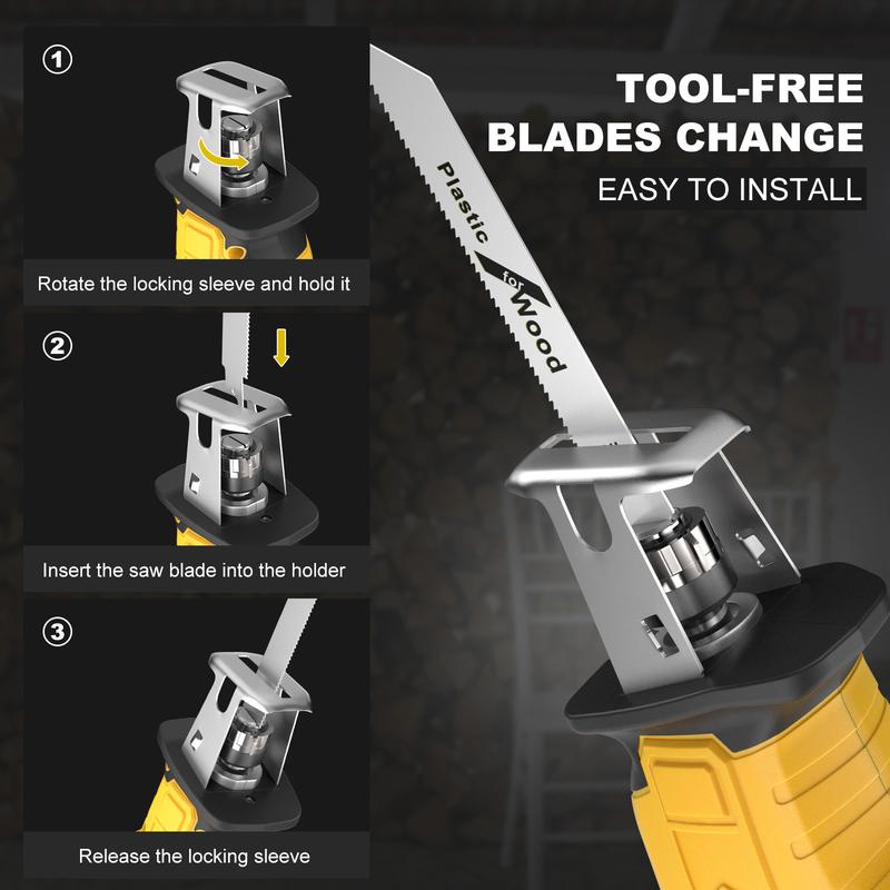 Sierra Reciprocante Inalámbrica de Una Mano Compatible con Batería DeWalt 20V MAX – 3 Velocidades Variables, Motor Sin Escobillas, Cambio de Hoja sin Herramientas, Incluye 4 Hojas para Metal, Madera y PVC