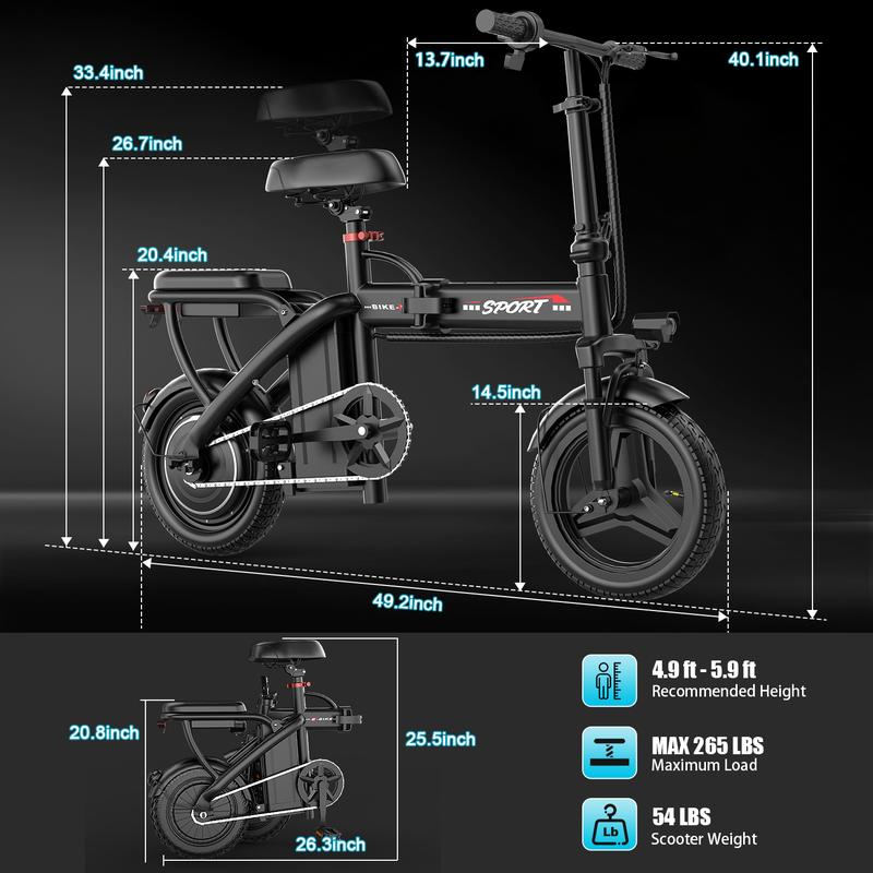 Bicicleta Eléctrica Pikabike Z6 1200W, hasta 40 km de autonomía, 25 MPH, llantas neumáticas de 14”, plegable con doble asiento y freno de disco trasero