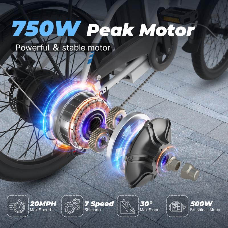 Bicicleta Eléctrica VARUN C20-1 750W, 20 MPH, Batería 48V 7.8Ah, 7 Velocidades Shimano, Plegable con Luz LED, Ideal para Ciudad y Todo Terreno