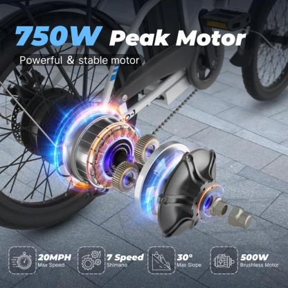 Bicicleta Eléctrica VARUN C20-1 750W, 20 MPH, Batería 48V 7.8Ah, 7 Velocidades Shimano, Plegable con Luz LED, Ideal para Ciudad y Todo Terreno
