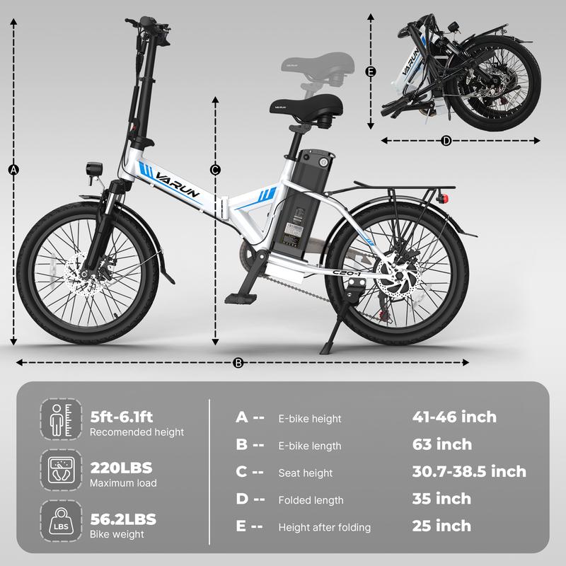 Bicicleta Eléctrica VARUN C20-1 750W, 20 MPH, Batería 48V 7.8Ah, 7 Velocidades Shimano, Plegable con Luz LED, Ideal para Ciudad y Todo Terreno