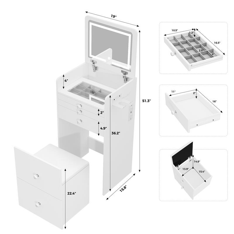 Tocador pequeño 3 en 1 con espejo con iluminación LED y taburete acolchado, mesita de noche, tocador pequeño para niñas.