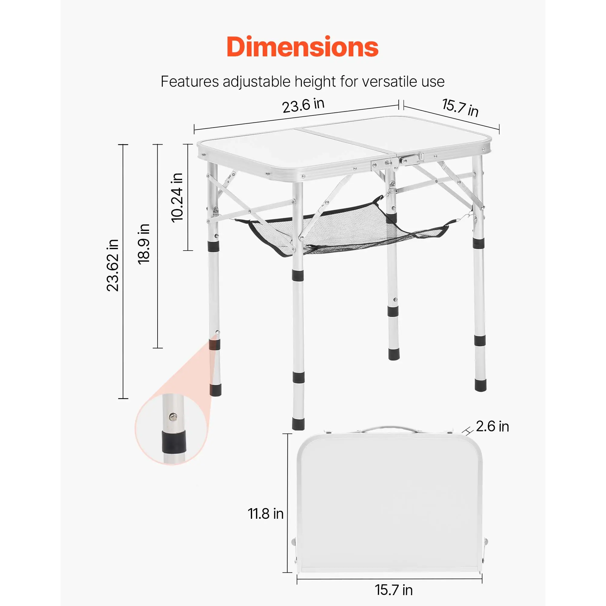  Mesa de camping plegable, mesa auxiliar portátil de altura ajustable, mesa de playa de aluminio MDF con malla y asa de transporte, ligera y compacta para picnics al aire libre, barbacoas, 61 x 40 cm, color plateado