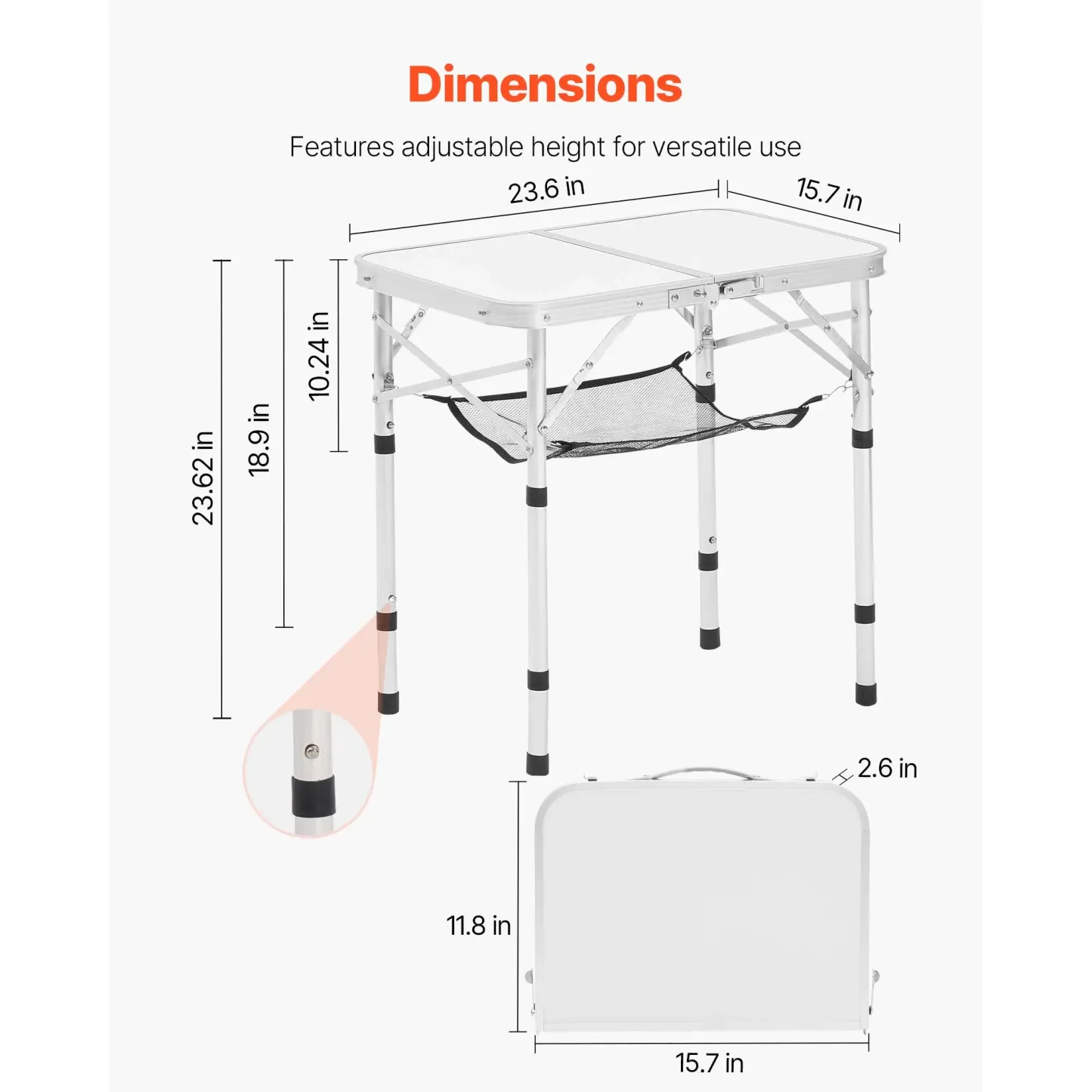  Mesa de camping plegable, mesa auxiliar portátil de altura ajustable, mesa de playa de aluminio MDF con malla y asa de transporte, ligera y compacta para picnics al aire libre, barbacoas, 61 x 40 cm, color plateado