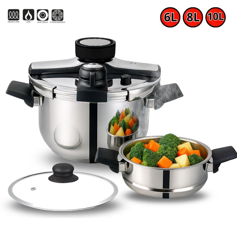 Olla a Presión de Acero Inoxidable con Cesta Vaporera y Tapa de Vidrio – Capacidades 6L, 8L y 10L – Compatible con Inducción, Eléctrica y Vitrocerámica y todo tipo de cocina – Segura, Eficiente y Fácil de Limpiar