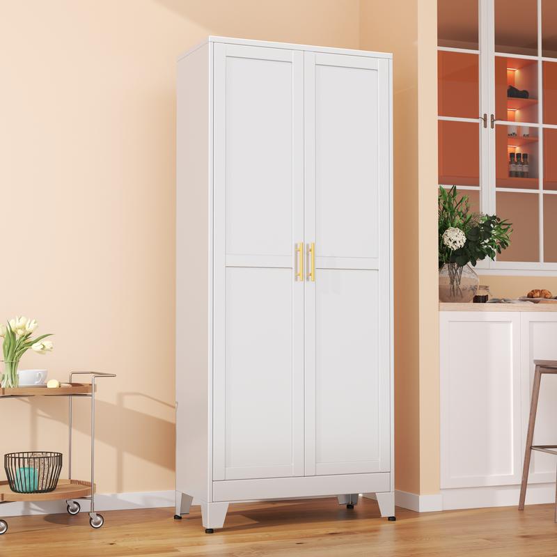 75.2" Tall Pantry Cabinet, Kitchen Pantry Storage Cabinets with 2 Door and 5 Adjustable Shelves, White Metal Pantry Storage Cabinet, Cupboard for Kitchen, Dining Room, Living Room and Bathroom Organizer