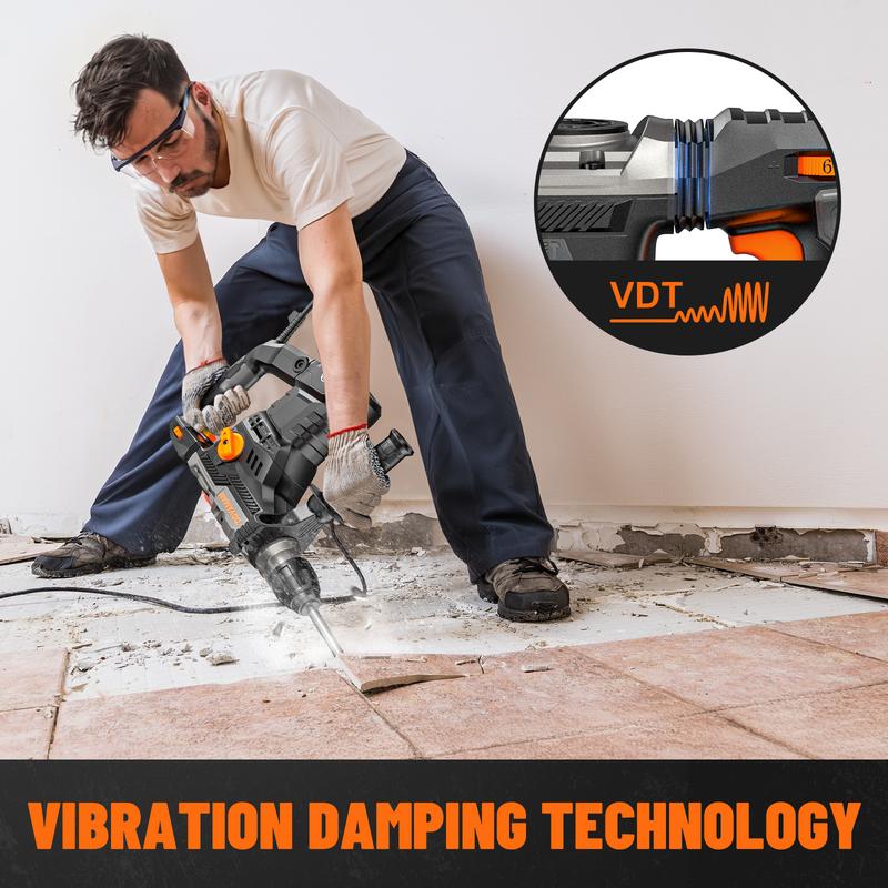 Taladro percutor rotativo RH15A SDS-Plus de 1-9/16'', 4 funciones en un solo mando, embrague de seguridad, 6 velocidades, 4350 golpes por minuto / 900 RPM, apto para hormigón, madera y acero.