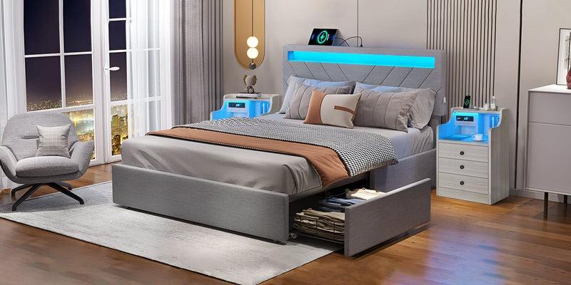Sikaic LED Nightstand With Hutch Drawers Charging Station Furniture Home Table Tabletop Design
