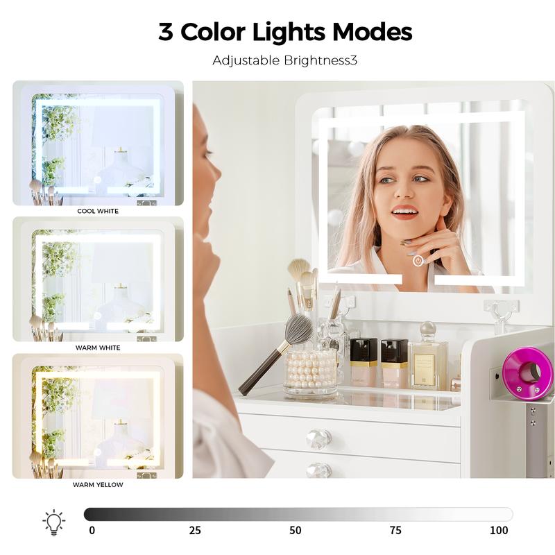 Tocador pequeño 3 en 1 con espejo con iluminación LED y taburete acolchado, mesita de noche, tocador pequeño para niñas.