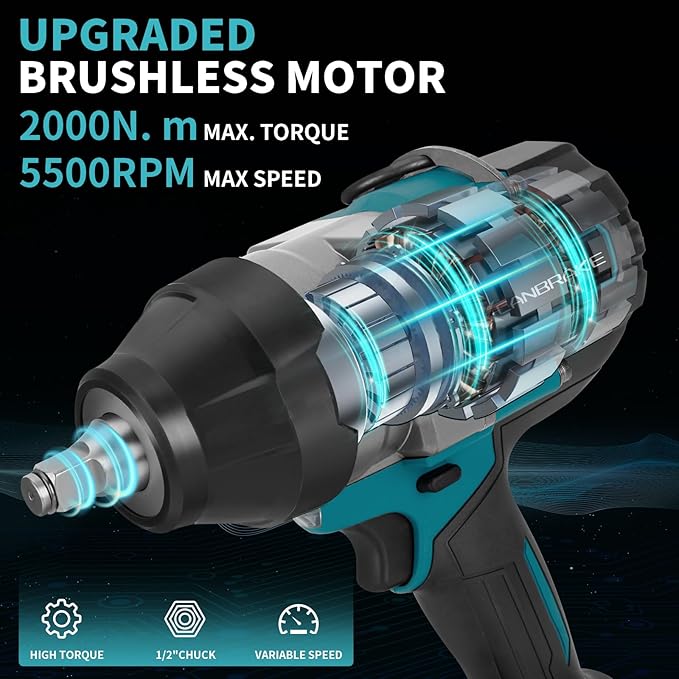 750N.m Cordless Impact Wrench, All-Metal Cordless Impact Gun with 2 * 4.0Mah, 3-IN-1 Electric Impact Wrench with 5 Sleeves, High Torque 1/2 Impact Wrench