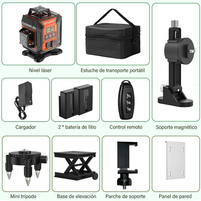 Nivel Láser Autonivelante 360° 16 Líneas Verde Con Trípode Nivel Láser 16 Líneas 4x360° Verde 2 Batería Recargable con Control Remoto