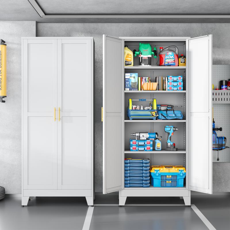 75.2" Tall Pantry Cabinet, Kitchen Pantry Storage Cabinets with 2 Door and 5 Adjustable Shelves, White Metal Pantry Storage Cabinet, Cupboard for Kitchen, Dining Room, Living Room and Bathroom Organizer