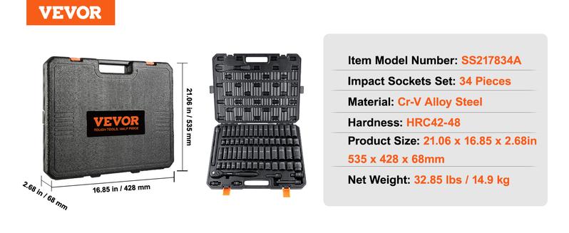VEVOR Drive Impact Socket Set, Various specifications, Cr-V Alloy Steel for Auto Repair, Rugged Construction, Easy-to-Read Size Markings, Storage Case VEVOR Drive Impact Socket Set, Various specifications, Cr-V Alloy Steel for Auto Repair, Rugged Construction, Easy-to-Read Size Markings, Storage Case