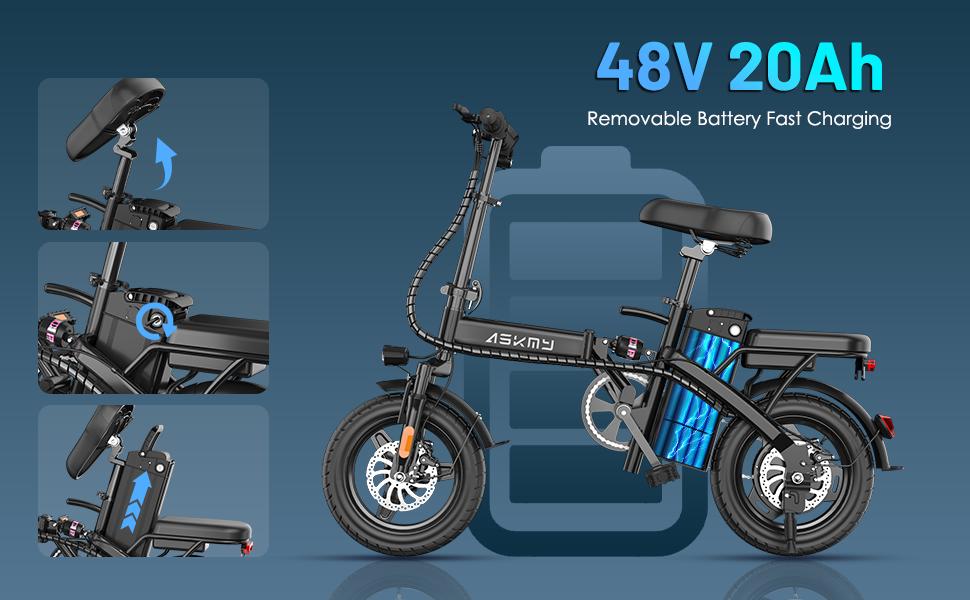 ASKMY E14 Folding Electric Bike 1000W Peak Motor, Up to 45 Miles Range | 14" Tubeless Tires, Dual Disc Brakes | UL Certified, Puncture-Tested Battery, 12-Month Warranty, Lightweight Design ASKMY E14 Folding Electric Bike 1000W Peak Motor, Up to 45 Miles Range | 14" Tubeless Tires, Dual Disc Brakes | UL Certified, Puncture-Tested Battery, 12-Month Warranty, Lightweight Design