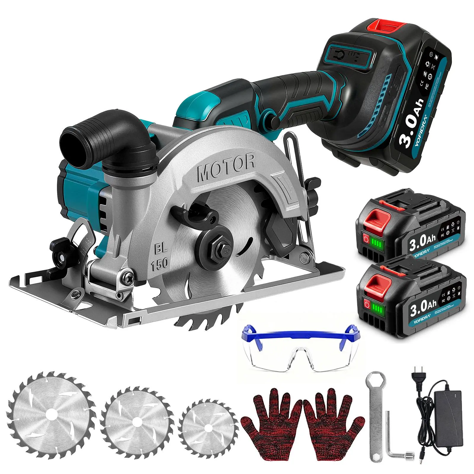  Sierra circular de mano inalámbrica | 48 mm de profundidad/45° de desalineación | Incluye 3 hojas de sierra y dos baterías | Motor sin escobillas | Apta para bricolaje en madera, metal y piedra