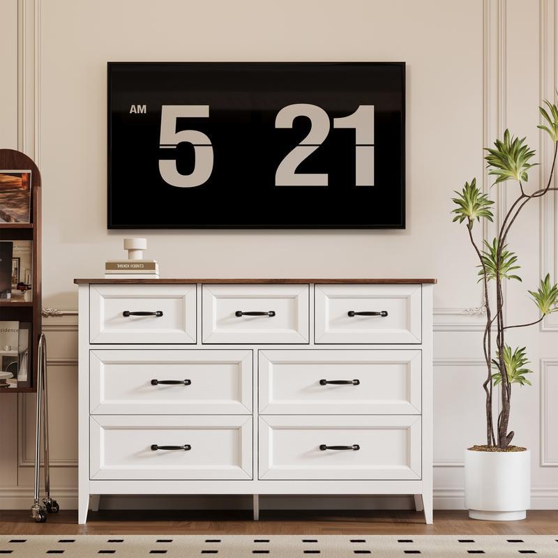 Cómoda de estilo rústico con 7 cajones, color blanco, con tiradores metálicos, 119 cm de ancho. Mueble organizador de madera para dormitorio infantil, pasillo, sala de estar o apartamento de chica. Ahorra espacio.