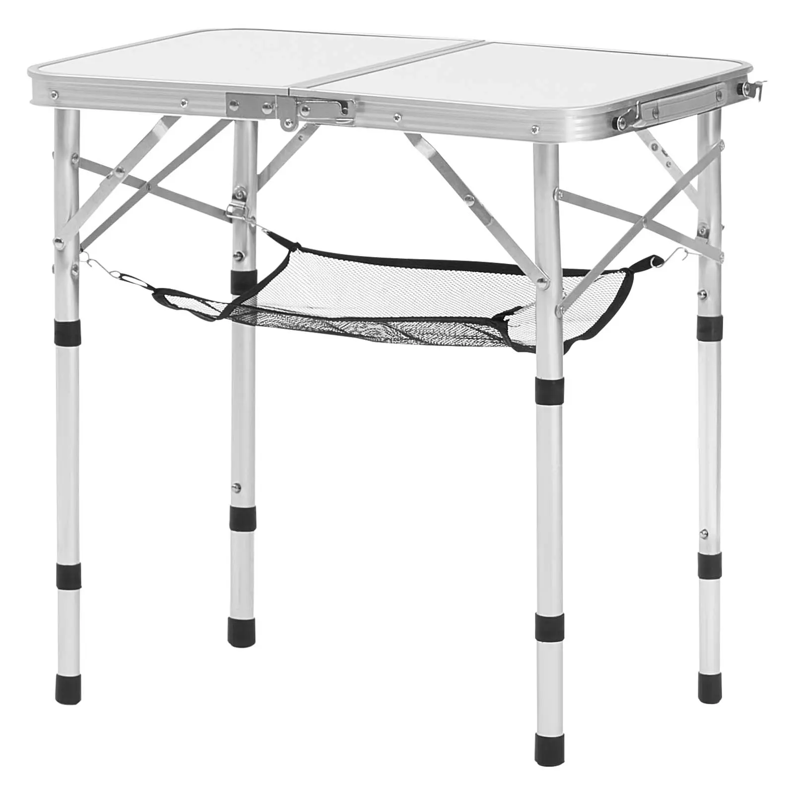  Mesa de camping plegable, mesa auxiliar portátil de altura ajustable, mesa de playa de aluminio MDF con malla y asa de transporte, ligera y compacta para picnics al aire libre, barbacoas, 61 x 40 cm, color plateado