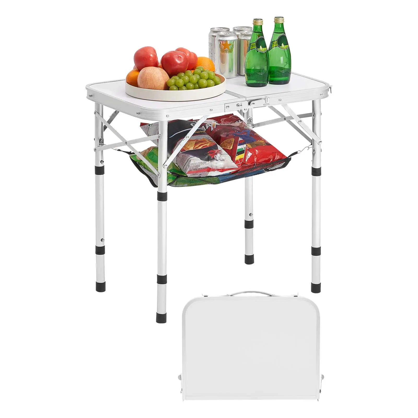  Mesa de camping plegable, mesa auxiliar portátil de altura ajustable, mesa de playa de aluminio MDF con malla y asa de transporte, ligera y compacta para picnics al aire libre, barbacoas, 61 x 40 cm, color plateado