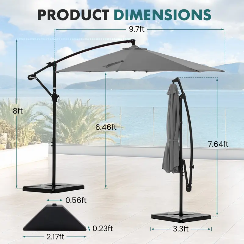【Con base】 Sombrilla excéntrica de 10 pies para patio exterior (con base) — Inclinación y manivela sencillas, pantalla de poliéster ajustable para jardín, patio trasero y zona de piscina.