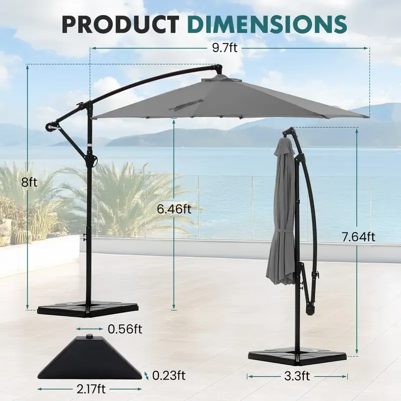 【Con base】 Sombrilla excéntrica de 10 pies para patio exterior (con base) — Inclinación y manivela sencillas, pantalla de poliéster ajustable para jardín, patio trasero y zona de piscina.