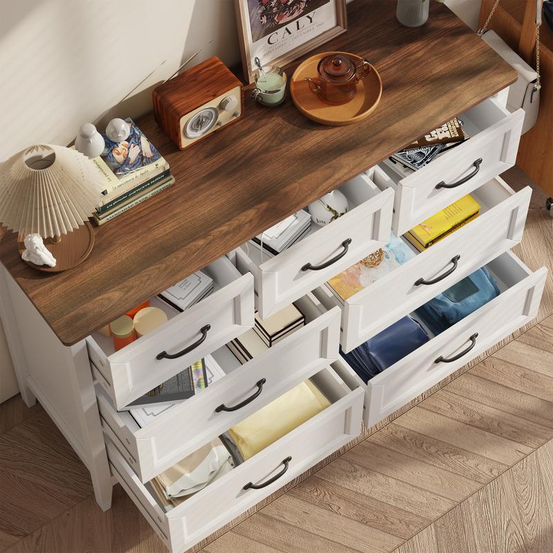 Cómoda de estilo rústico con 7 cajones, color blanco, con tiradores metálicos, 119 cm de ancho. Mueble organizador de madera para dormitorio infantil, pasillo, sala de estar o apartamento de chica. Ahorra espacio.