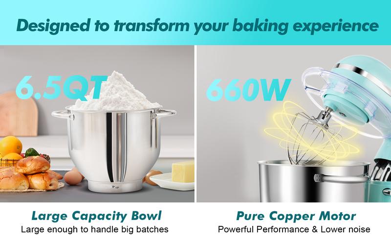 Aucma 6.5QT Stand Mixer with Upgraded Motor | 6-Speed Tilt-Head Electric Food Mixer with Stainless Steel Bowl Dough Hook Whisk & Beater for Baking & Mixing Kitchen Appliances