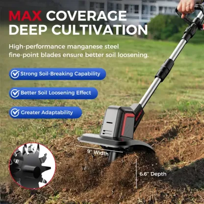 SOARFLY Cultivador y Motoazada Inalámbrica de 20 V, 360 RPM, Incluye 2 Baterías de 4.0 Ah y Cargador; 9 Pulgadas de Ancho, 6.6 Pulgadas de Profundidad, 48 Dientes de Acero — Ideal para Césped, Jardinería y Cultivo del Suelo
