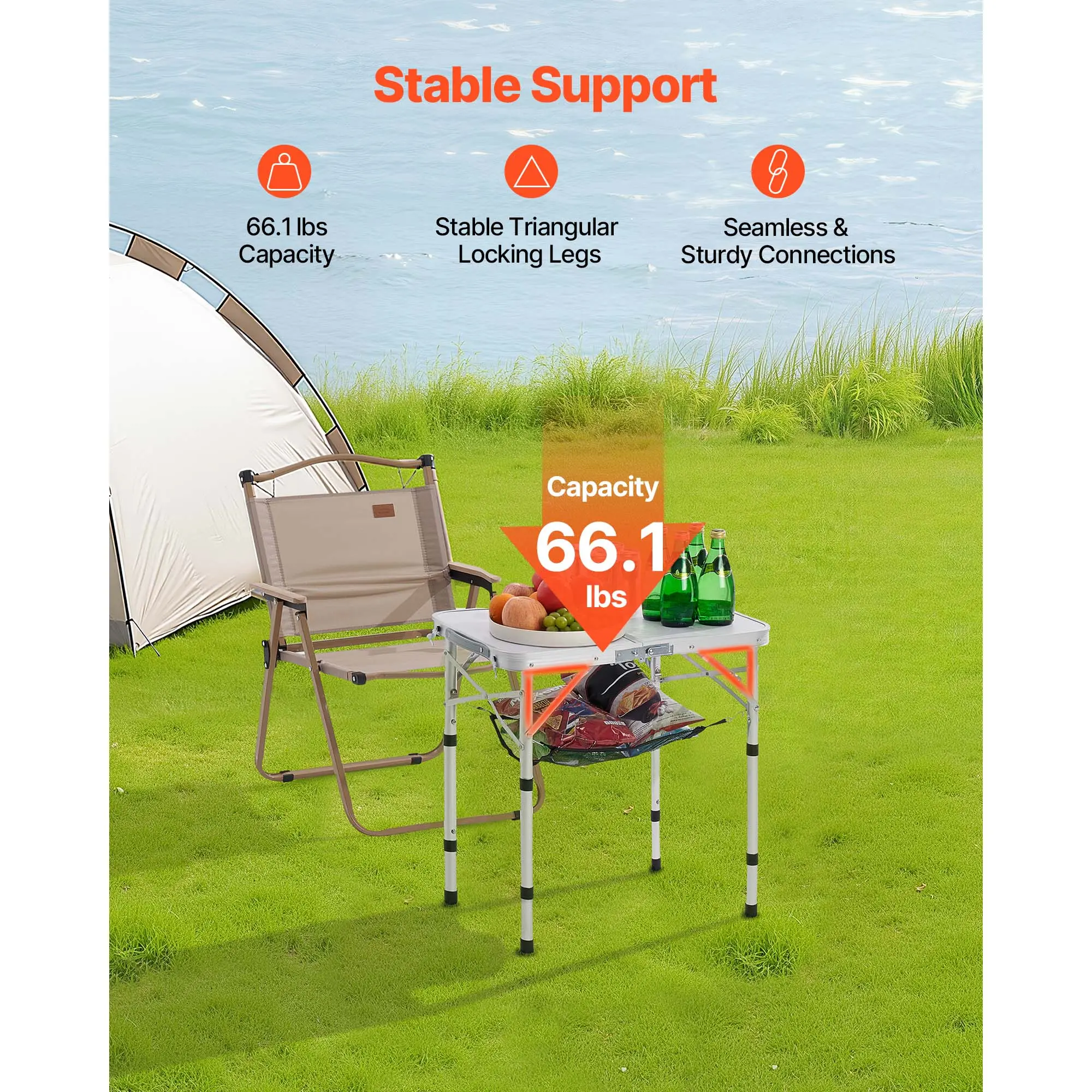  Mesa de camping plegable, mesa auxiliar portátil de altura ajustable, mesa de playa de aluminio MDF con malla y asa de transporte, ligera y compacta para picnics al aire libre, barbacoas, 61 x 40 cm, color plateado