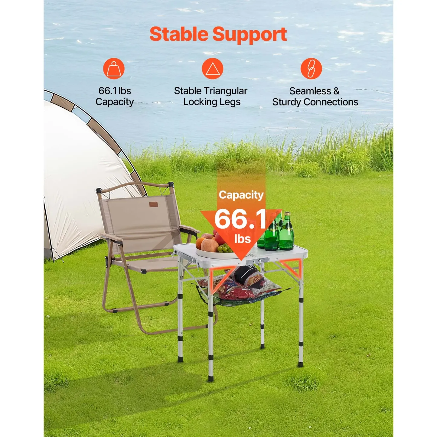  Mesa de camping plegable, mesa auxiliar portátil de altura ajustable, mesa de playa de aluminio MDF con malla y asa de transporte, ligera y compacta para picnics al aire libre, barbacoas, 61 x 40 cm, color plateado