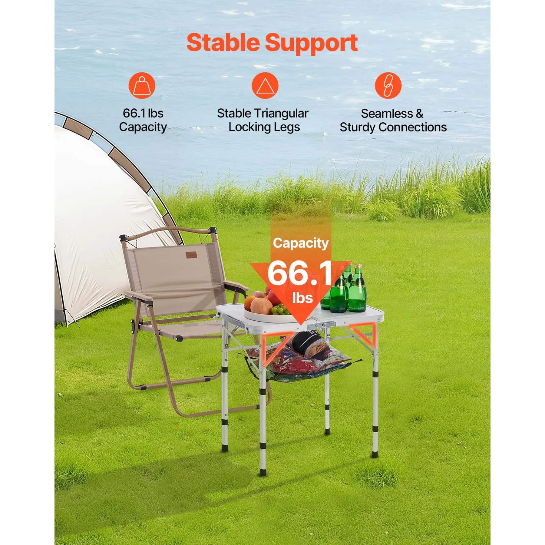  Mesa de camping plegable, mesa auxiliar portátil de altura ajustable, mesa de playa de aluminio MDF con malla y asa de transporte, ligera y compacta para picnics al aire libre, barbacoas, 61 x 40 cm, color plateado