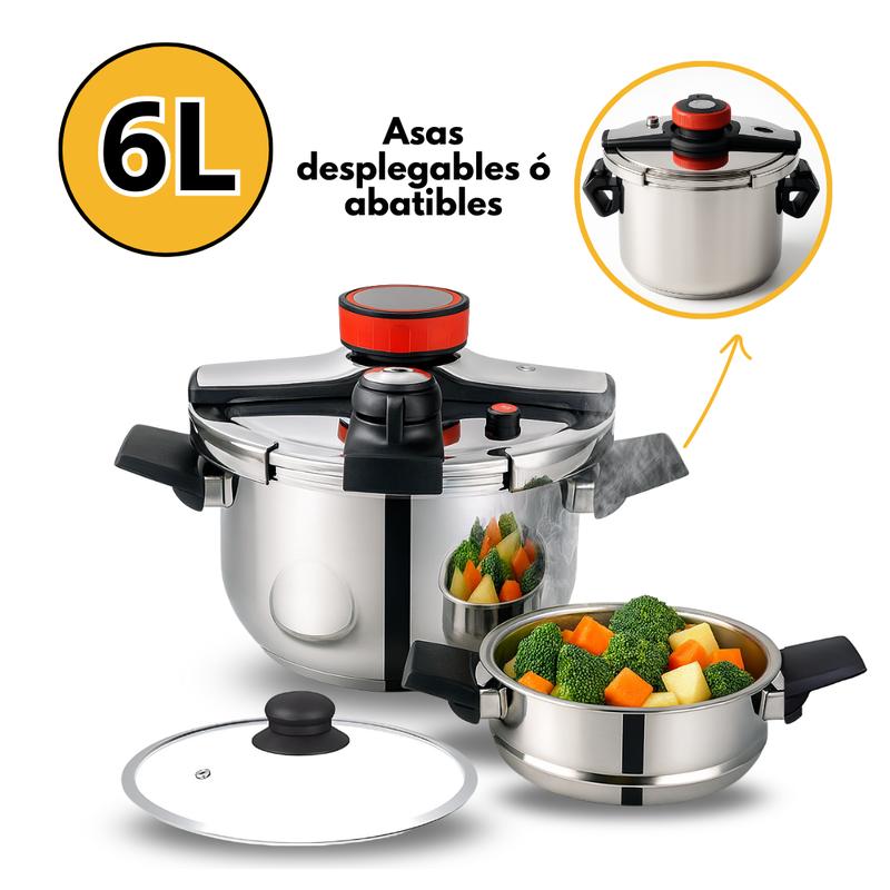 Olla a Presión de Acero Inoxidable con Cesta Vaporera y Tapa de Vidrio – Capacidades 6L, 8L y 10L – Compatible con Inducción, Eléctrica y Vitrocerámica y todo tipo de cocina – Segura, Eficiente y Fácil de Limpiar