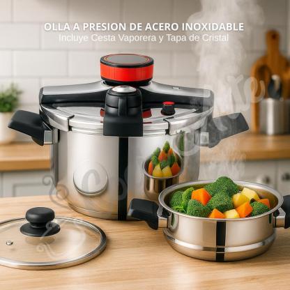 Olla a Presión de Acero Inoxidable con Cesta Vaporera y Tapa de Vidrio – Capacidades 6L, 8L y 10L – Compatible con Inducción, Eléctrica y Vitrocerámica y todo tipo de cocina – Segura, Eficiente y Fácil de Limpiar