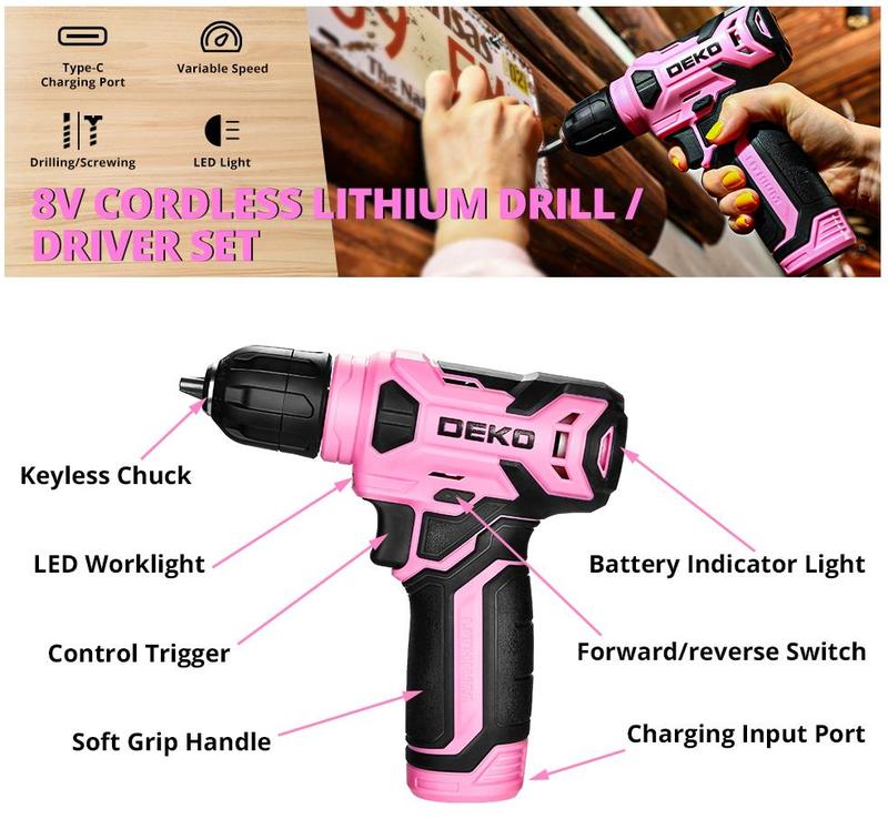 DEKOPRO 126-Piece Pink Household Tool Set with 8V Cordless Drill, Rechargeable Battery, All-in-One Compact Tools kit, Perfect Christmas Gift, Ideal for Home Repairs & DIY Projects DEKOPRO 126-Piece Pink Household Tool Set with 8V Cordless Drill, Rechargeable Battery, All-in-One Compact Tools kit, Perfect Christmas Gift, Ideal for Home Repairs & DIY Projects
