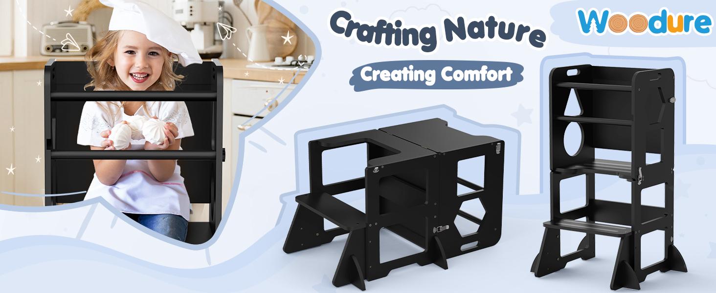 WOODURE 4-in-1 Toddler Kitchen Step Stool - Foldable Learning Tower with Blackboard for Kids Ages 1-3