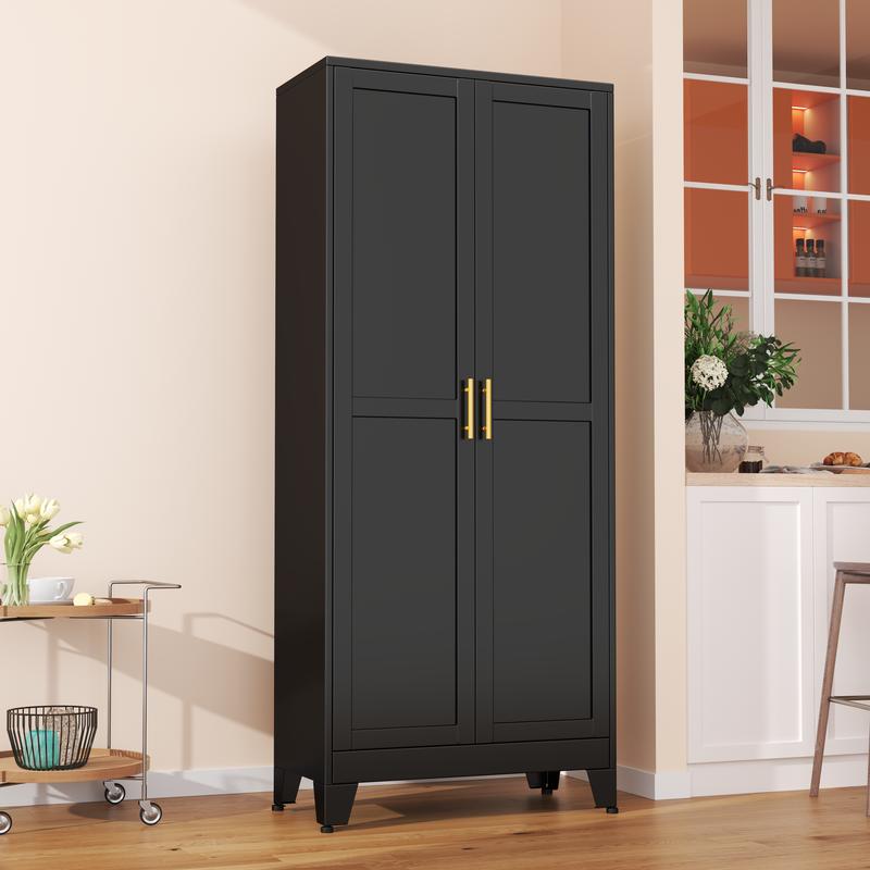 75.2" Tall Pantry Cabinet, Kitchen Pantry Storage Cabinets with 2 Door and 5 Adjustable Shelves, White Metal Pantry Storage Cabinet, Cupboard for Kitchen, Dining Room, Living Room and Bathroom Organizer